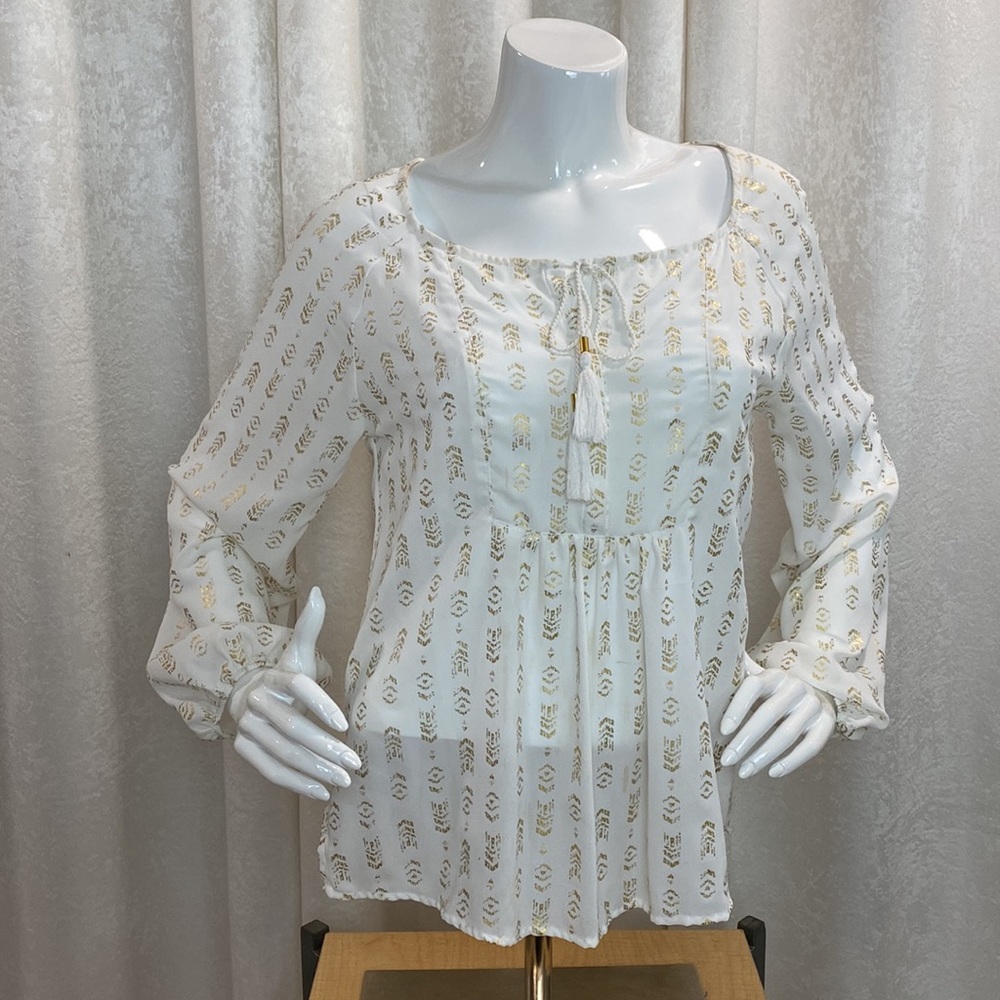 TAKARA | White & Gold Tie Front Long Sleeve Loose Blouse